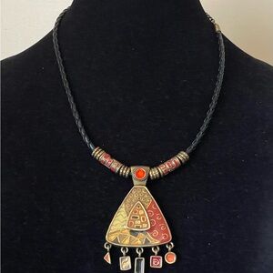 Chico's Gold and Red enamel,  Artistic Pendant Necklace, leather cord